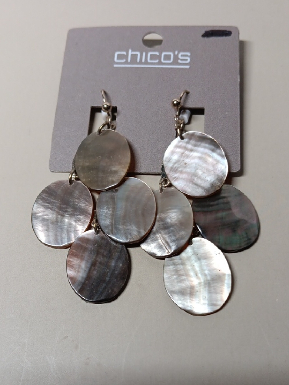 Chico's Iridescent Mother-of-Pearl Disc Drop Earrings with Gold Tone - Picture 4 of 5